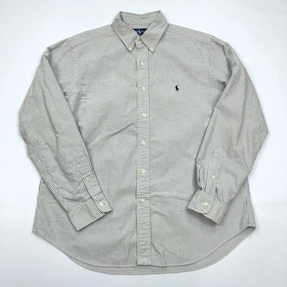 Polo Ralph Lauren Mens Large Classic Fit Striped Button Down Shirt Grey White